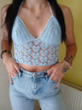 Crop top Crochet fait main Motif cœur - Bleu clair